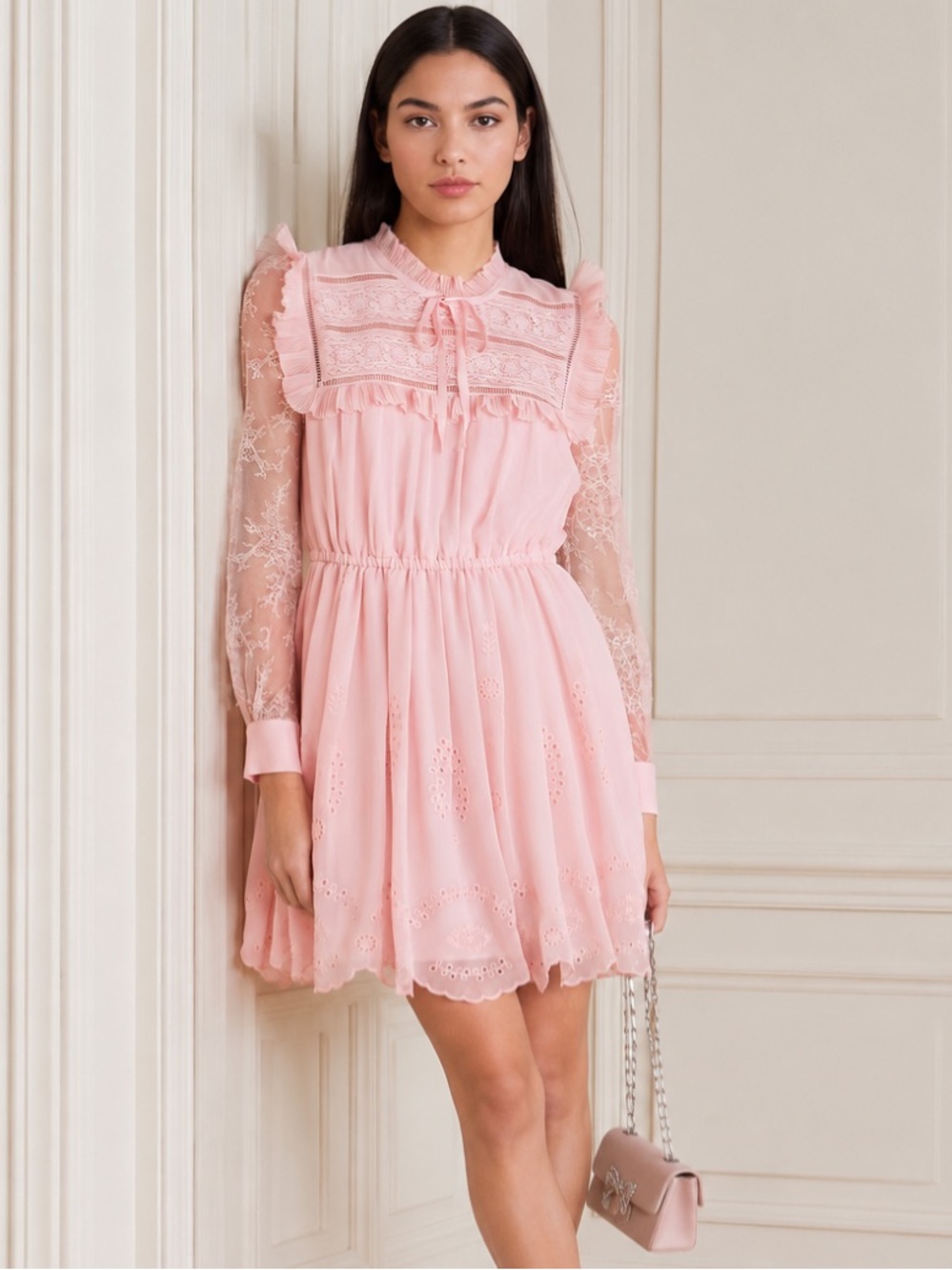 Self-Portrait Pink Broderie Chiffon Mini Dress size 6 Guipure Lace